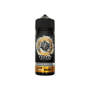 A 100ml bottle of Mango Madness Ruthless e-liquid with a label indicating the flavor and brand, along with nicotine-free and 0mg cloud chaser indications.